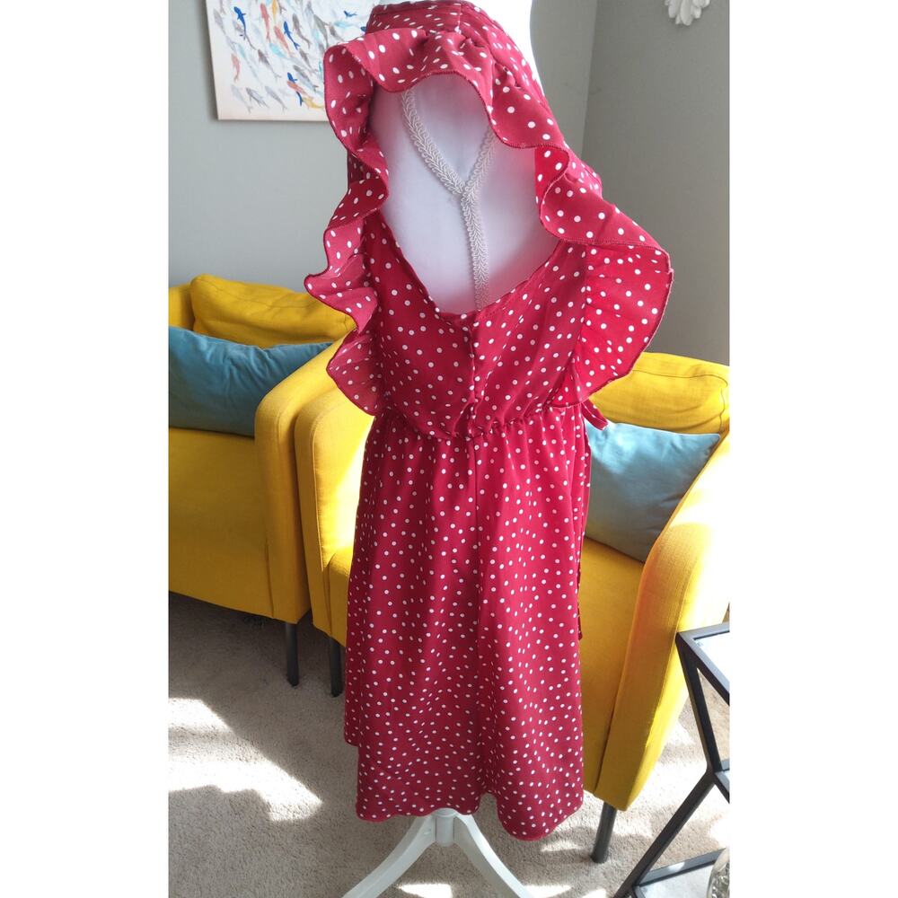 Red polka dot dress sz S pin-up flutter ruffled shoulder’s romantic v-neck chic - Picture 7 of 9